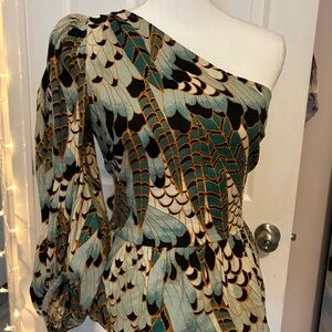 Ted Baker Black and Teal One-Shoulder Blouse